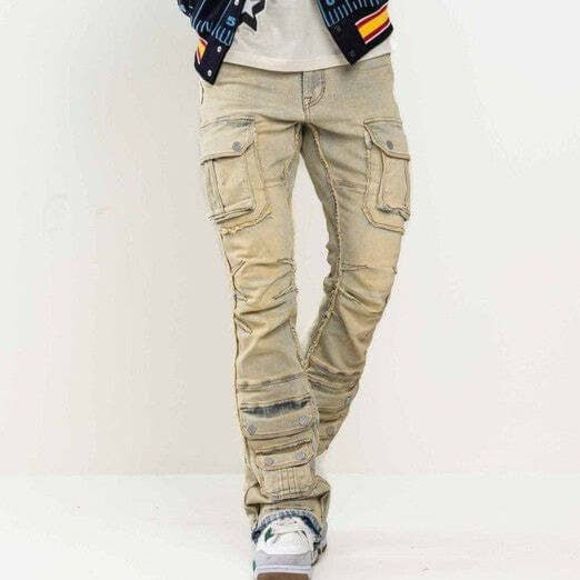 Men Stacked Jeans Multi Cargo Pockets Denim Pants on - Picture 1 of 14